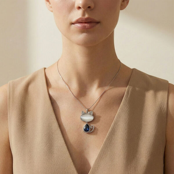 Erstellt wei&szlig;es Katzenaugen, Blau Kristall Anh&auml;nger mit Kette ca. 63.5 cm + 5 cm Extender image number 2