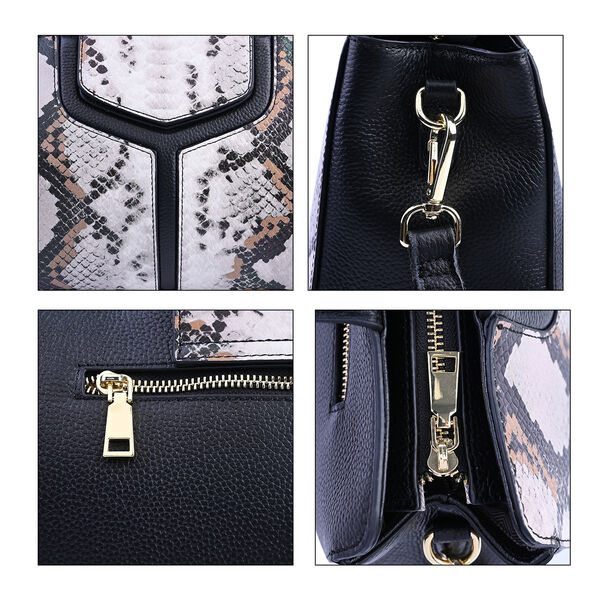 Handtasche aus 100% echtem Leder, Schlangenmuster, Schwarz und Beige&nbsp; image number 5