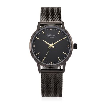 GENOA TIME - V2 Automatik Armbanduhr, Geh&auml;use 316 Edelstahl Sonnenschein Zifferblatt mit wei&szlig;em Diamant Edelstahl Mesharmband, schwarz