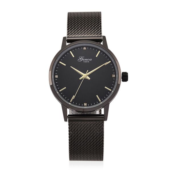 GENOA TIME - V2 Automatik Armbanduhr, Geh&auml;use 316 Edelstahl Sonnenschein Zifferblatt mit wei&szlig;em Diamant Edelstahl Mesharmband, schwarz