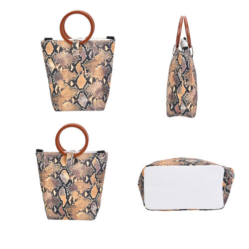 Handtasche mit Holzgriff, Schlangenhautmuster, Größe 32x12x29cm, Schwarz und Gelb image number 1