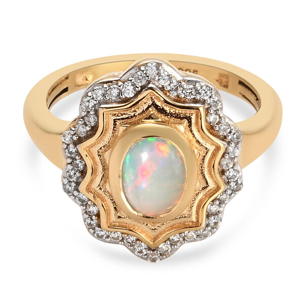 Nat&uuml;rlicher &Auml;thiopischer Opal und Zirkon Ring 925 Silber vergoldet  ca. 0,86 ct