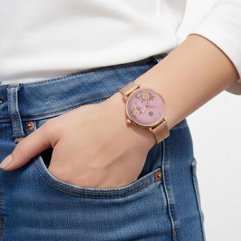 STRADA Uhr mit Japanischem PC21S Werk, Edelstahl-Mesharmband, florales Zifferblatt Rosa mit Wei&szlig;em Kristall, Ros&eacute;vergoldet