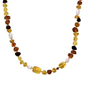 D'Joy Weiße Süßwasser Perle (6-8 mm), Mehrfarbiger Bernstein Halskette ca. 50 cm 925 Silber vergoldet
