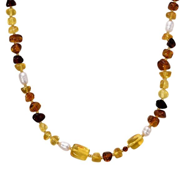 D'Joy Wei&szlig;e S&uuml;&szlig;wasser Perle (6-8 mm), Mehrfarbiger Bernstein Halskette ca. 50 cm 925 Silber vergoldet
