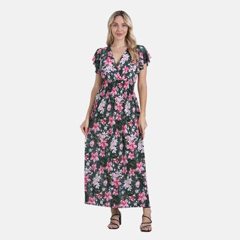 Floral Romance Maxikleid mit gesmokter Taille und Volant&auml;rmeln, 35x128cm, Gr&uuml;n mit Pink