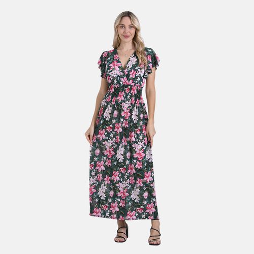   Smocked Waist Maxi Dress with Flutter Sleeve Size:(W13.7XL49inch) (W35*L125cm)size:one sizeColor:green basic with pink floralMaterial:100%Viscoseweight:250g   image number 0