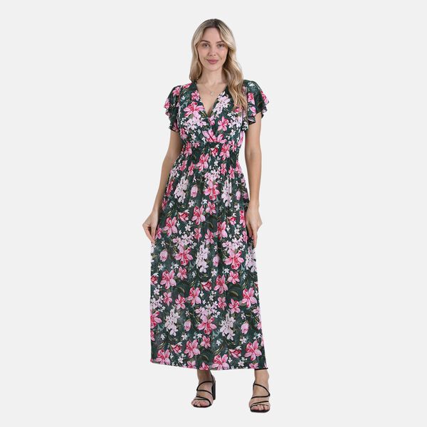 Floral Romance Maxikleid mit gesmokter Taille und Volant&auml;rmeln, 35x128cm, Gr&uuml;n mit Pink