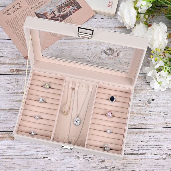 Schmuckorganizer aus Kunstleder mit Glasdeckel, 30x20x8,5cm, Beige image number 10