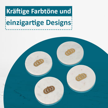 NAKKASHI - 4er-Set, Marmor Untersetzer mit Messingintarsie, Krone, Gr&ouml;&szlig;e 10x10 cm, Wei&szlig;