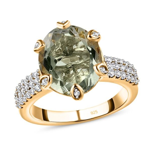 AA Prasiolith, Weißer Zirkon Ring, 925 Silber vergoldet (Größe 21.00) ca. 5.06 ct image number 4