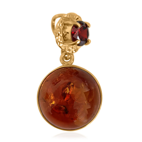 Natürlicher Baltischer Bernstein, Roter Zirkonia Anhänger, 925 Silber vergoldet image number 0
