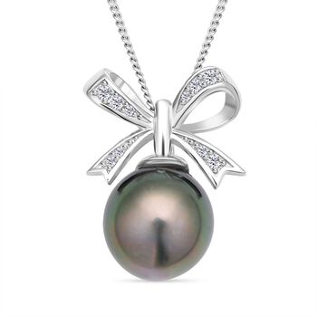 Tahiti Perle und wei&szlig;er Zirkon-Anh&auml;nger mit Kette, ca.10-11mm, 925 Silber rhodiniert ca. 0.15 ct