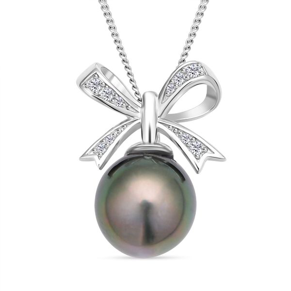 Tahiti Perle und wei&szlig;er Zirkon-Anh&auml;nger mit Kette, ca.10-11mm, 925 Silber rhodiniert ca. 0.15 ct