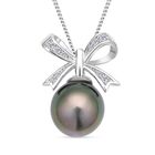 Tahiti Perle und weißer Zirkon-Anhänger mit Kette, ca.10-11mm, 925 Silber rhodiniert ca. 0.15 ct