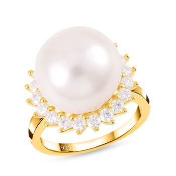 Wei&szlig;e Edison Perle (13-14 mm), Moissanit Ring, 925 Silber Gelbgold Vermeil, (Gr&ouml;&szlig;e 16.00)