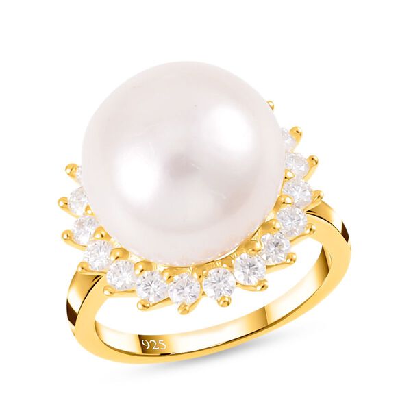 Wei&szlig;e Edison Perle (13-14 mm), Moissanit Ring, 925 Silber Gelbgold Vermeil, (Gr&ouml;&szlig;e 16.00) image number 4