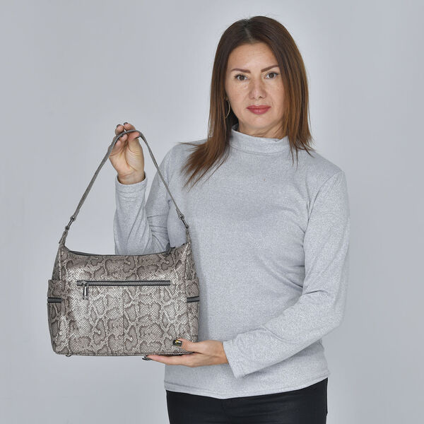 Hobo-Tasche aus 100% echtem Leder, Schlangenhautmuster, Khaki image number 3