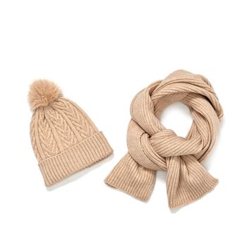  Scarf /hat  Material:22% polyester 26% nylon 52% Acrylic  size : Hat: 20cmX21cm Scarf: 180cmX29cm weight:350 gColor:khaki 