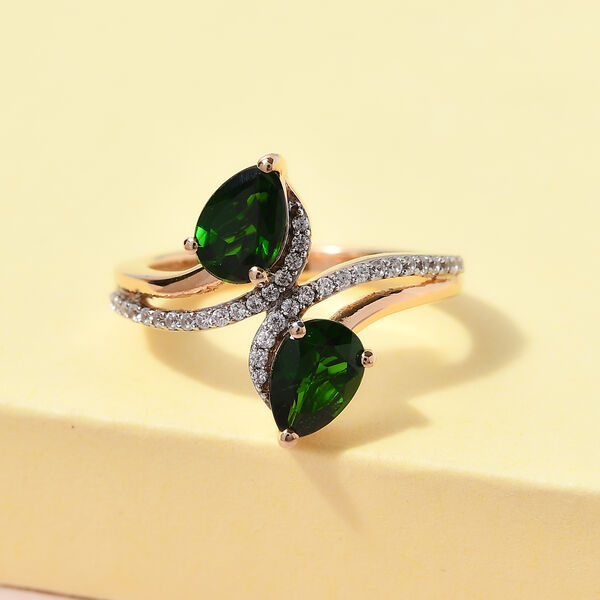 Nat&uuml;rlicher Chromdiopsid und Zirkon Bypass Ring 925 Silber vergoldet  ca. 1,87 ct image number 2