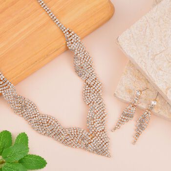 2er Set - Wei&szlig;er Kristall Halskette und Ohrringe Schmuckset, Messing