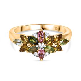 Strahlender Spross- Mehrfarbig-Turmalin, Weißer Zirkon Ring 925 Silber 750 Gelb Vergoldet (Größe 17.00) ca. 1,08 ct
