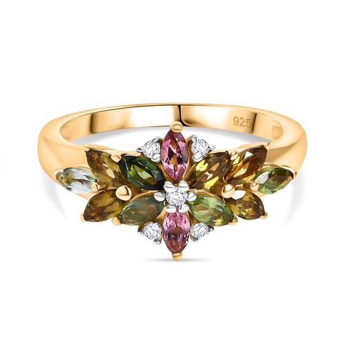 Strahlender Spross- Mehrfarbig-Turmalin, Weißer Zirkon Ring 925 Silber 750 Gelb Vergoldet (Größe 17.00) ca. 1,08 ct image number 0