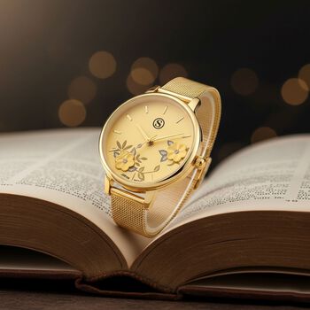 STRADA Uhr mit Japanischem PC21S Werk, Edelstahl-Mesharmband Goldfarben, florales Zifferblatt Gelb mit Wei&szlig;em Kristall