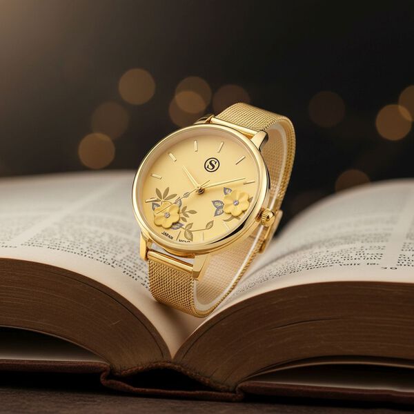 STRADA Uhr mit Japanischem PC21S Werk, Edelstahl-Mesharmband Goldfarben, florales Zifferblatt Gelb mit Wei&szlig;em Kristall image number 2