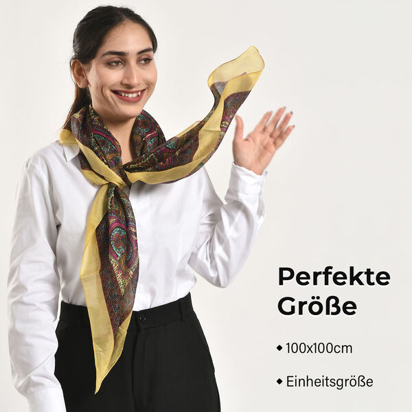 Geschmeidiger, luxuriöser 100% Seidenschal, 100 x 100 cm, Gelb image number 3