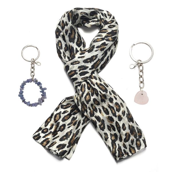 Bedruckter Seidenschal und Rosenquarz-Edelstein-Schl&uuml;sselanh&auml;nger mit Geschenkbox, schwarz und cr&egrave;me image number 4