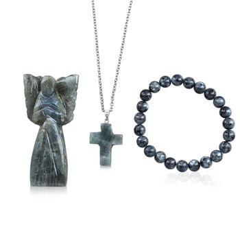 3er-Labradorit-Set &ndash; Engel, Kreuz-Anh&auml;nger und Armband