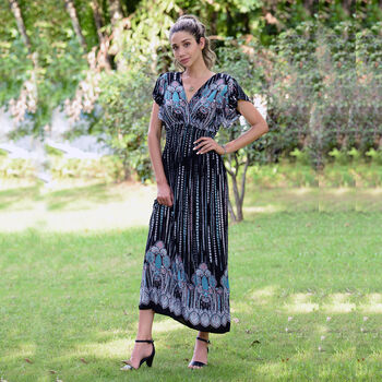 Gesmoktes Maxi-Kleid, Blumenmuster, Schwarz