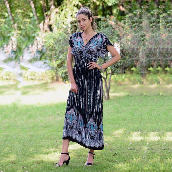 Gesmoktes Maxi-Kleid, Blumenmuster, Schwarz