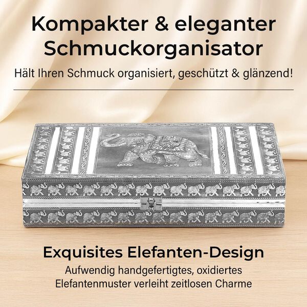 Handgefertigte, oxidierte Schmuckschatulle mit Elefanten-Prägung, 38x20x7,6 cm, Silber image number 2