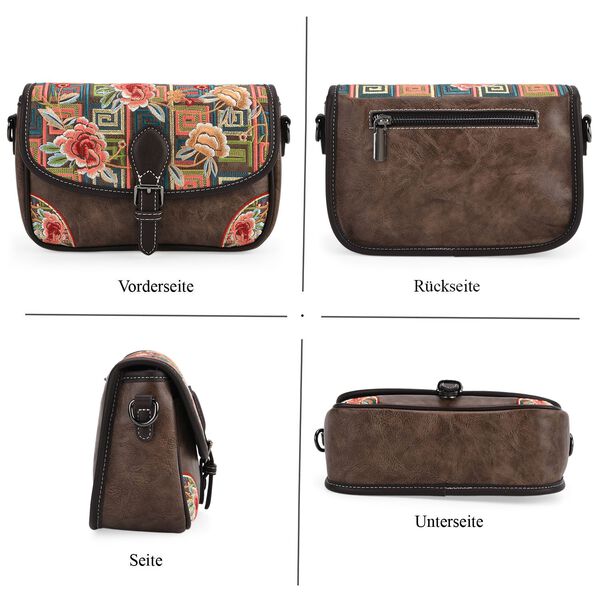 "PU Embroidered crossbody bag Color:Brown Size:22*8*16 cm   Wall: PU Lining: Polyester Exterior:zipped-2.pocket-1 Interior: zipped-1,slid-1" image number 4