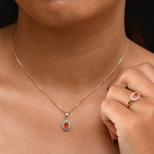 2er Set - D'Joy AAAA Blaze Feueropal Anhänger mit Kette und Ring, ca. 50 cm 925 Silber 750 Gelbgold Vermeil (Größe 19.00) ca. 1.36 ct image number 3