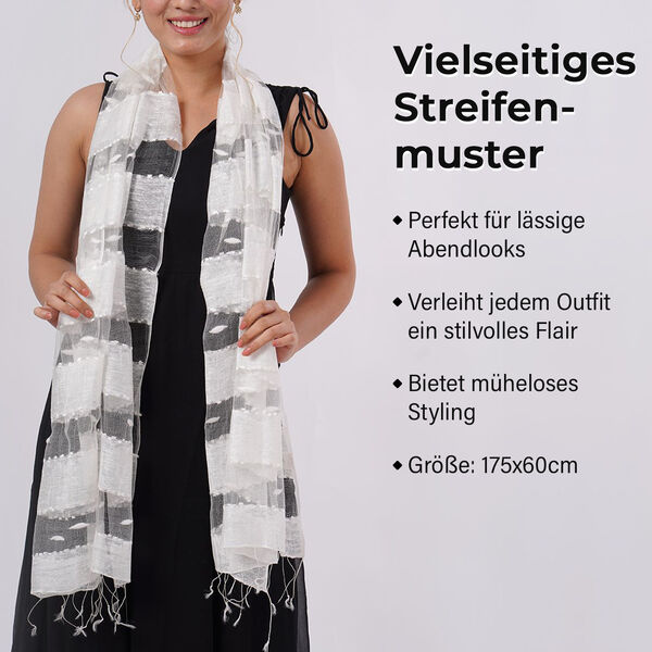 Modal-Seide-Schal, Streifendesign, 175x60 cm, Weiß image number 3