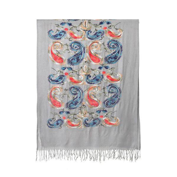 Bestickter Schal mit Fransen, Hellgrau image number 2