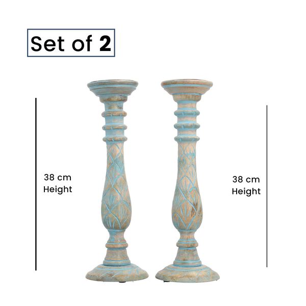 Set aus 2 antiken geschnitzten Holzkerzenhaltern mit rundem St&auml;nder, 38cm, Hellblau image number 7