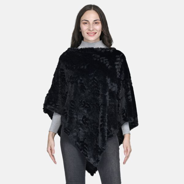 Weicher Kunstfell Poncho mit 3D Blätter Motiv, Schwarz image number 0