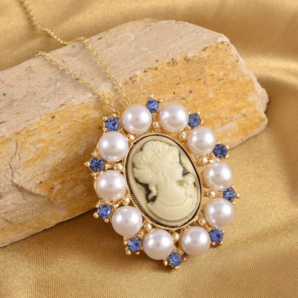 Kamee-Schmuck, Kunststoff Perlen Kette mit Anhänger, goldfarben image number 3