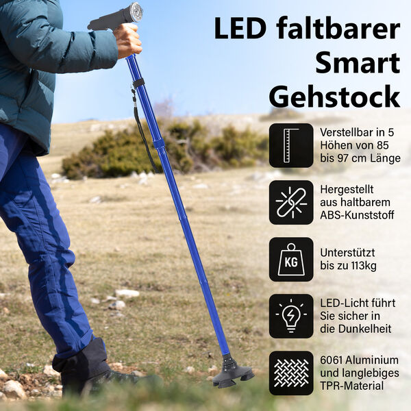 Klappbarer Smart-Walking-Stick mit drehbarem LED-Frontlicht, blau image number 2