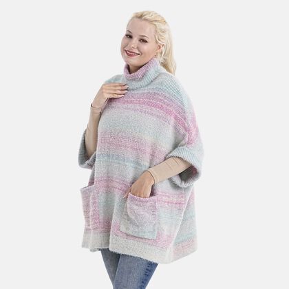 La Marey - Poncho mit Stehkragen und Taschen, Rosa Blau