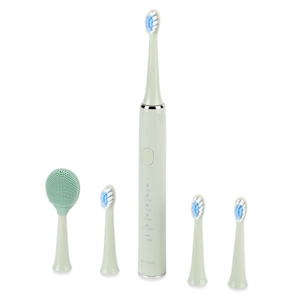 Sonic elektrische Zahnb&uuml;rste mit 3 Zahnb&uuml;rstenk&ouml;pfen und 1 Silikon-Zungenb&uuml;rstenkopf, 24,5x2,5cm, gr&uuml;n