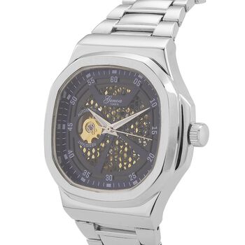 GENOA - Automatikuhr mit Skelett-Design, Edelstahlarmband, 3ATM wasserdicht, Blaues Zifferblatt, ca. 20 cm