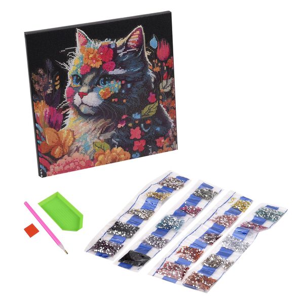 DIY Diamond Painting Leinwand Katze, mehrfarbiges Motiv mit Glitzerakzenten, inkl. MDF-Rahmen, Klebemotiv, Diamanten, Stift, Wachs, Aufbewahrungsbox, 29x29?cm, Blumen