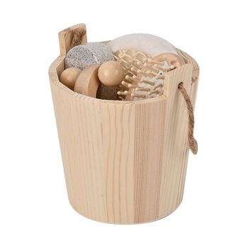 5-tlgs &Ouml;ko-Wellnessset mit Holzeimer: Holzmassageger&auml;t, Holzhaarb&uuml;rste, Sisalschwamm, 13.5x13.5x15.5 cm