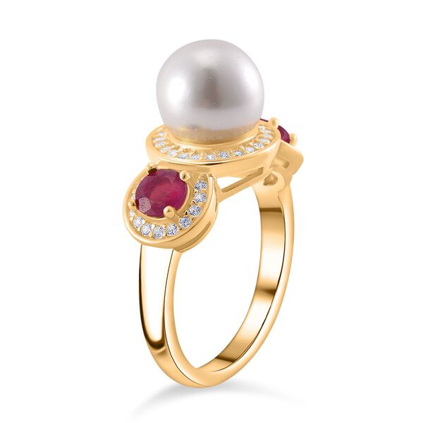 Wei&szlig;e Muschelkernperle, Afrikanischer Rubin (Fissure gef&uuml;llt) Ring 925 Silber vergoldet (Gr&ouml;&szlig;e 17.00) image number 3