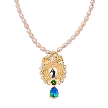 D'Joy Pfau Triplett Quarz, Pfirsich- und S&uuml;&szlig;wasser Perle 45cm Halskette